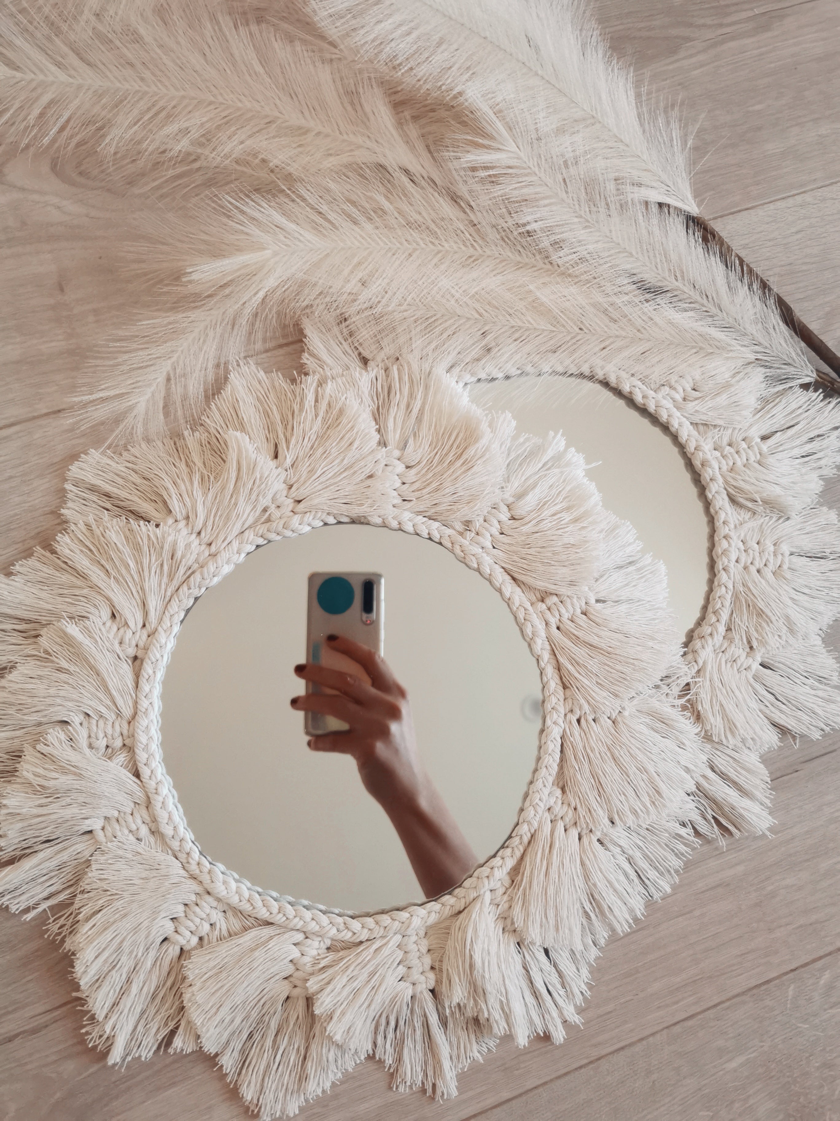 macrame boho feathers mirror, bohemian and coasstal homeware 